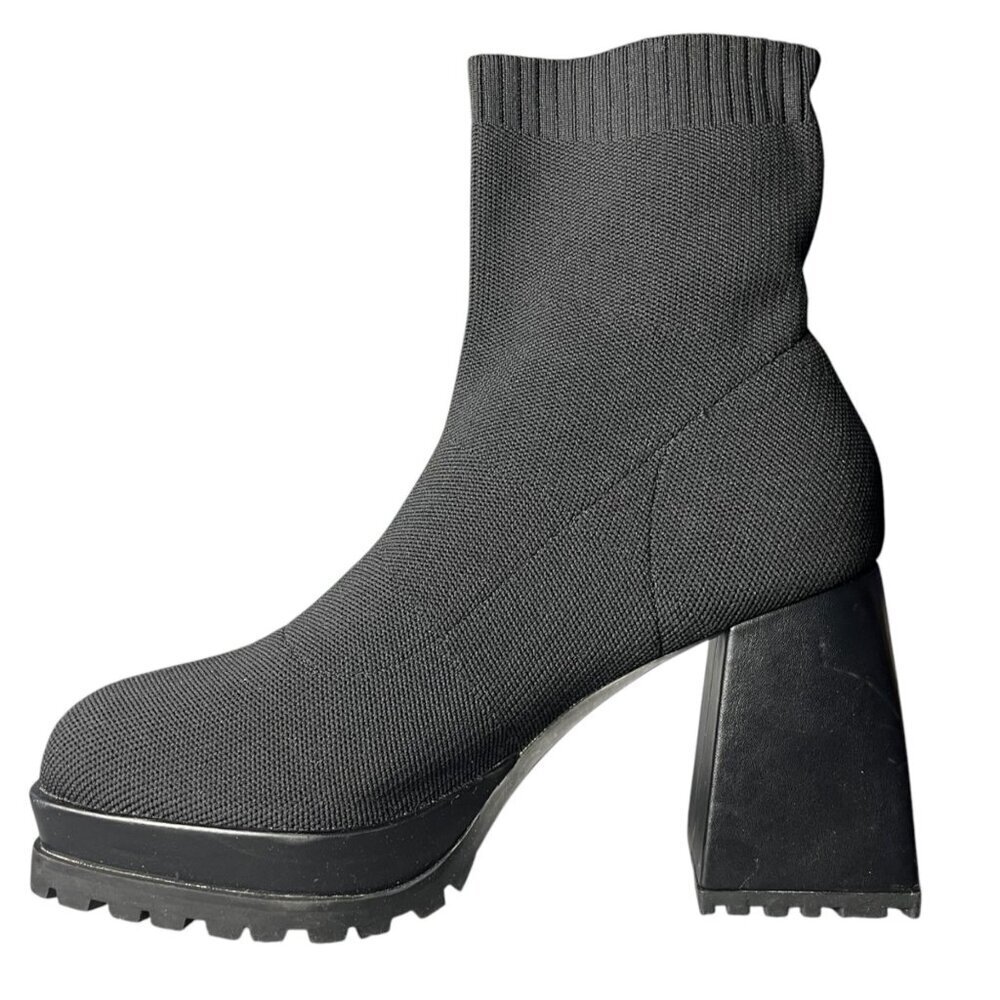 Womens 8.5 Sock Boots Platform Chunky Heel Booties Square Toe Slip On Black - Picture 6 of 9